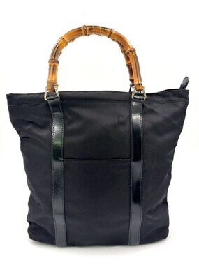 Gucci Bamboo Handle Nylon Black Handbag Silver
